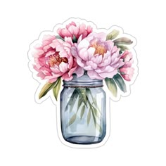 a watercolor painting of pink flowers in a mason jar