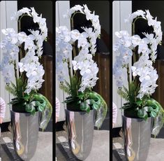 three pictures of white flowers in a silver vase with green leaves on the outside and inside