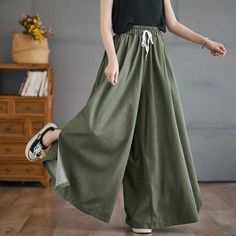 Sku CY-!126133 Material Polyester Fiber Style Wide Leg Feature Solid Color Neckline / Occasion Casual, Vintage Seasons Spring, Summer Type Pants Color Green, Black, Purple Size L, XL, 2XL, 3XL Size Chart: Please consult the size chart we provide for this item's measurements to help you decide which size to buy. Please note: There may be 1-3cm differ due to manual measurement. CM Waist Hip Length L 68 160 99 XL 73 166 100 2XL 78 172 101 3XL 83 178 102 Casual Green Harem Pants For Summer, Casual Green Harem Pants With Elastic Waistband, Green High-waisted Wide Leg Pants With Elastic Waistband, Casual Green High-waisted Pants, Casual High-waisted Green Pants, Casual Green Wide Leg Pants For Spring, Spring Khaki Wide Leg Full-length Pants, Casual Green Relaxed Fit Harem Pants, Green Wide Leg Pants With Elastic Waistband