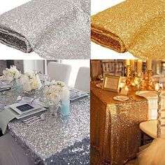 the table is set with silver and gold sequins