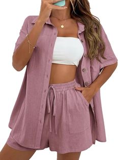 PRICES MAY VARY. Casual 2 piece outfits for women summer button down shirt drawstring shorts tracksuit set lounge workout sets There are many sizes of this summer shirts shorts set for women to choose: Samll, Medium, Large, X-Large,XX-Large; For baggy or tight fitting, please check the Size Chart and product description clearly before purchase it Loose fit button down short sleeve shirts top classic stand collar design, lightweight drawstring elastic waistband shorts with pockets. All design mak Shirt Knot, Drop Shoulder Shirt, Fashion Shorts, Sleeves Style, Looks Black, Maxi Dress Formal, Elastic Waist Shorts, Color Shirt, Loose Shorts