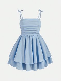 Teen Girl's Woven Solid Color Bubble Ruched Double Layer Skirt Hem Casual Suspenders Dress Baby Blue Casual  Sleeveless Woven Fabric Plain Cami Non-Stretch  Teen Girls Clothing, size features are:Bust: ,Length: ,Sleeve Length: Blue Sleeveless Sundress, Damas Blue Dresses, Grade Six Graduation Dress, Trendy Teen Dresses, Winter Semi Formal Dresses Blue, Dusty Blue Short Dress, Flowy Knee Length Dresses, Graduation Dresses 6th Grade, Preppy Dresses Winter