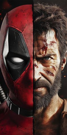 deadpool movie poster with wolverine and deadpool in the background, one man's face has been cut out