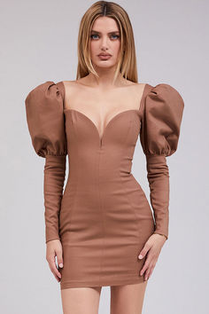 Description: A retro-inspired mini dress to your next office party! Vintage meets romantic in this puff sleeve deep V bodycon cocktail mini dress. Featuring a plunging V neck with a hidden zip closure at back, long puffy sleeves with zipped cuffs, a form fitted silhouette in coffee hue, and a short dress cut, this luxury mini dress creates a sophisticated modern outfit of classic party dresses for women. Style it with a dazzling choker and heeled stilettos perfectly. Go, go, go! Long Puffy Sleeves, Cocktail Mini Dress, Party Mini Dress, Puff Sleeve Dresses, Office Party, Mini Cocktail Dress, Puffy Sleeves, Puffed Sleeves Dress, Modern Outfits