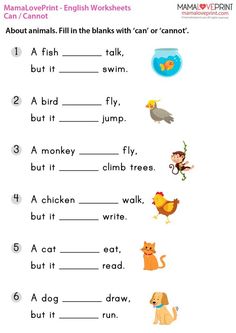 worksheet for reading the words in english with animals and birds, including an image of