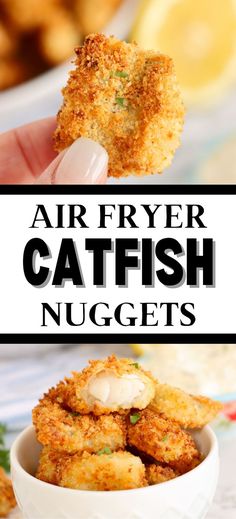 Collage of closeup shot of hand holding an air fryer catfish nugget at top and bowlful of air fryer catfish nuggets at bottom. Air Fryer Fish Nuggets, Cat Fish Fillet In Air Fryer, Frozen Catfish Recipes, Air Fryer Catfish Nuggets Recipes, Catfish Bites Recipes, Air Fry Catfish Nuggets, Cod Bites Air Fryer, Air Fried Catfish Nuggets, Catfish Nugget Recipes Air Fryer