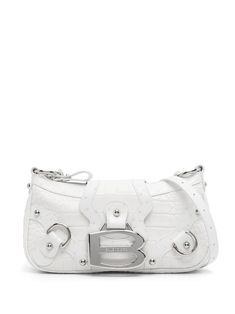 white calf leather embossed crocodile, ostrich and python effect foldover top with magnetic fastening top zip fastening adjustable shoulder strap Essex B logo plaque D-ring findings stud embellishment main compartment internal zip-fastening pocket internal logo plaque leopard print lining This piece comes complete with a protective dust bag. Designer White Shoulder Bag With Turn-lock Closure, Balenciaga City Logo Strap, Luxury White Shoulder Bag With Turn-lock Closure, White Shoulder Bag With Branded Hardware For On-the-go, Silver Balenciaga Bag, Balenciaga Shoulder Bag White, Chanel 2, Balenciaga Bag, Iconic Bags