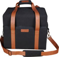 a black bag with brown straps on it