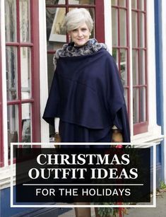 an older woman standing in front of a window with the words christmas outfit ideas for the holidays