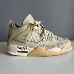 Nike, Off-White Jordan 4's Us Size 7 Wmns. The Stitching Around The Edges Is A Little Worn Down Along With The Insouls Luxury Cream Sneakers For Streetwear, Designer White Nike Custom Sneakers, Nike Custom Cream Sneakers With Boost Midsole, Nike Off White, White Jordans, Jordan 4s, Jordan 4 Retro, Air Jordan 4, Air Jordan 4 Retro