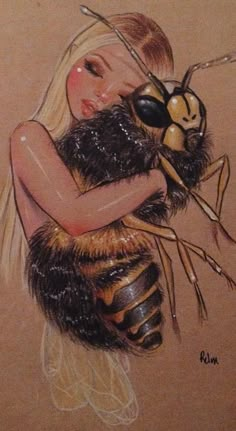 a drawing of a woman holding a bee