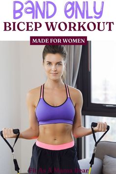 Woman in purple sports bra and shorts performing a band curl at home with text on the image. Bicep Exercises For Women, Best Bicep Exercises, Bicep Workout Women, Workout For Back, Bicep Exercises, Arm Workouts At Home, Exercises For Women, Workout For Women