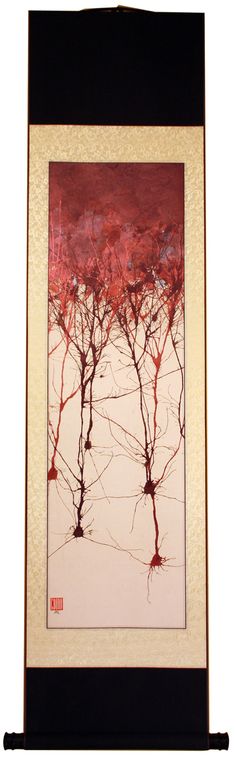 an abstract painting with red and black branches