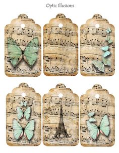 four tags with butterflies on them and music notes in the background, each one has an image of the eiffel tower