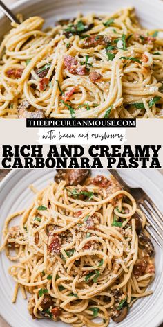 Crispy bacon, mushrooms, garlic, and spaghetti tossed with eggs and parmesan cheese. Carbonara Pasta With Mushrooms, Dinners Using Bacon, Cabonara Recipes Bacon, Turkey Bacon Pasta, Bacon Dinner Ideas, Meals With Bacon, Cabonara Recipes, Carbonara Pasta Creamy