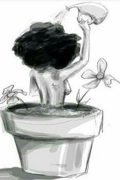 a drawing of a woman sitting on top of a flower pot with her arms in the air