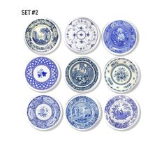 six blue and white plates sitting next to each other