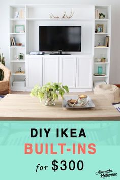 a living room with built in bookshelves and a tv on top of it