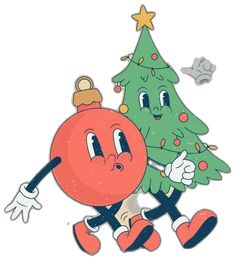 a cartoon christmas tree with a red ball on it's feet and an angry face