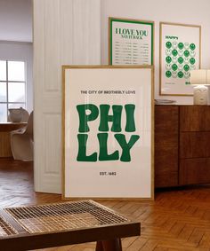 there is a poster on the wall in the living room that says phlvy