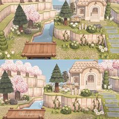 two pictures of a garden with flowers and trees