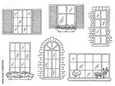 set of windows with shutters and flowers in pots on the window sill hand drawn outline