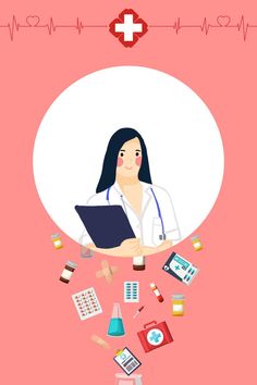 a woman doctor is surrounded by medical supplies and gadgets on a pink background with a red cross in the center