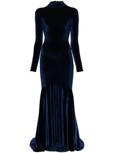 This Atu Body Couture gown features a high neck, long sleeves, a concealed rear zip fastening, and a high-low hem with a fishtail train. The gown is crafted from velvet and is unlined. It is a long length gown. Navy Blue Velvet Long Dress, Turtle Neck Gowns For Women, Green Gown Long Sleeve, Diamond Reference, Velvet Dress Long Sleeve, Full Sleeve Gowns, Blue Velvet Gown, Types Of Gowns, Lycra Dress