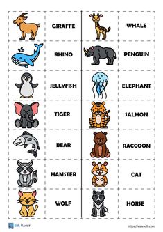 cross stitch pattern with different animals and their names in each one's own color