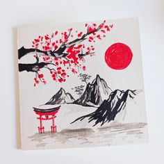 Japanese Art Painting Easy, Japanese Nature Drawing, Japanese Easy Drawings, How To Draw Japanese, Japan Watercolor Painting Easy, Chinese Painting Easy, Postcard Drawing Ideas, Japan Painting Acrylic