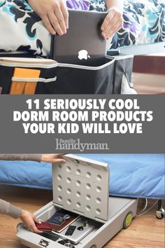 a woman is holding a laptop in her suitcase with the words 11 seriously cool dorm room products your kid will love