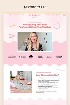 the bridesmaid for hire website is displayed in pink and white with gold accents