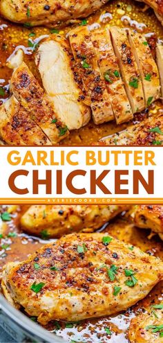 garlic butter chicken in a skillet with text overlay