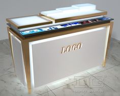 a display case with two different types of items on it's sides and the words dogo written in gold