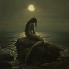 a mermaid sitting on top of a rock next to the ocean