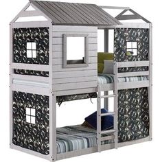 a white wooden bunk bed with a black and white pattern on the bottom floor, and a gray roof