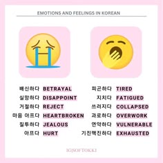 two emoticions and feelings in korean text on a white background with pink border