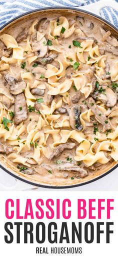 the classic beef stroganonoff recipe in a skillet with text overlay