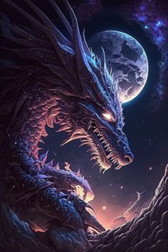 a dragon with its mouth open in front of the moon