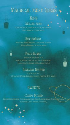 a menu for a restaurant with blue water and stars on the sky in the background