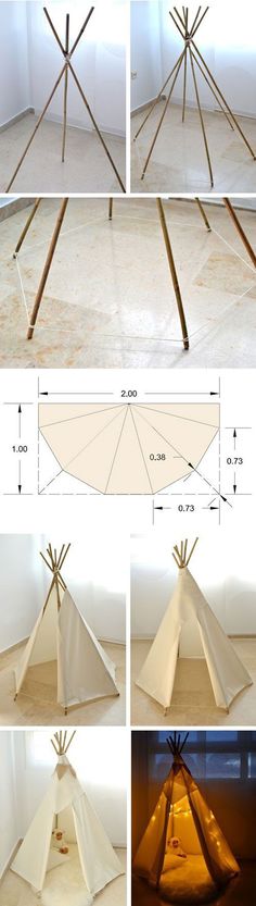 the instructions for how to make a teepeel tent with wood poles and lights