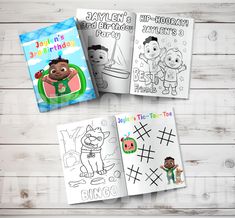 three children's coloring books on a white wooden background with the title, jaylyn's 3rd birthday