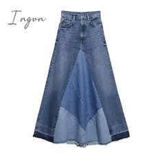 Ingvn - Women 2023 Fashion Denim Blue Skirts Highstreet Patchwork High Waist Midi A-Line Design Återvinna Jeans, Long Jeans Skirt, Vestiti In Jeans, Casual Denim Skirt, Patchwork Denim Skirt, Skirts Midi High Waisted, Denim Skirt Women, Long Jeans, Denim Patchwork