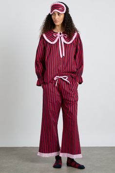 Red and navy stripes adorn our Maria pyjama set, trimmed with baby pink and cropped at the leg. If you're feeling extra, match these with our corresponding eye mask. • Top and bottoms • Matching bag included • Oversized collar • Button fastening at back • Cropped leg • Elasticated waist with functional tie • 100% organic cotton • Designed in London MODEL INFO: Model is 5'10 and is wearing a UK 8. Crochet Stripe Scarf, London Models, Oversized Collar, Checked Scarf, Striped Pyjamas, Hooded Scarf, Striped Scarves, Pink Gingham, Black Friday Shopping