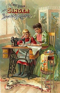 an old advertisement for singer sewing machine shows two children at a table working on the sewing machine