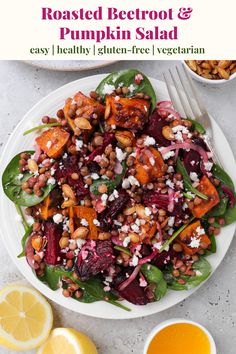 roasted beetroot and pumpkin salad on a white plate