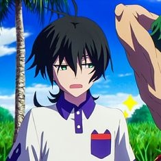 an anime character standing in front of a palm tree with his hand on his head