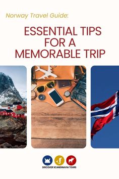 the norway travel guide is shown in three different pictures, including a flag and other items