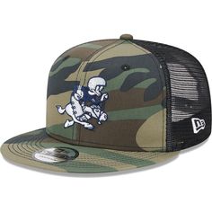 the new era camo trucker hat features a football player on it