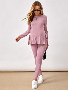 Maternity Solid Split Knot Side Long Sleeve Tee & Leggings Dusty Pink Casual  Long Sleeve Knitted Fabric Plain  Slight Stretch Fall Maternity Clothing, size features are:Bust: ,Length: ,Sleeve Length: Professional Maternity Outfits, Maternity Two Piece, Maternity Lounge Wear, Shein Basics, Fall Maternity, Casual Maternity, Traje Casual, Maternity Clothing, Womens Maternity